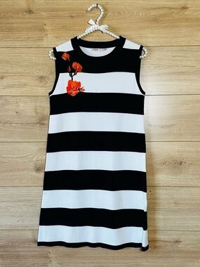 ESQUALO Black and White Striped Sleeveless Dress with Orange Floral Detail